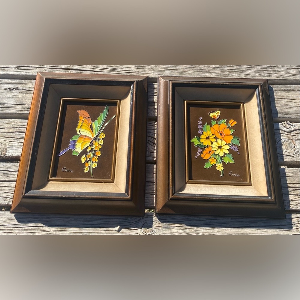 E’nore Cloisonné Butterfly Pictures Lot of 2